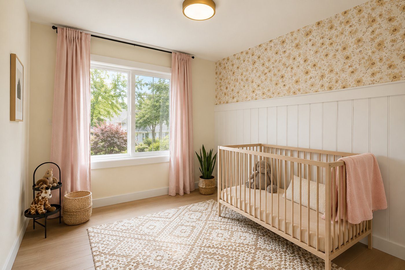Garland nursery — bright bedroom with floral feature wall