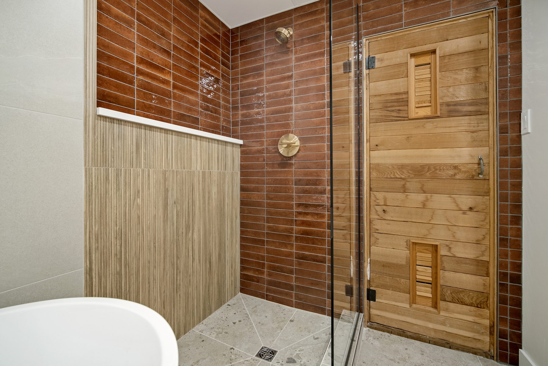 Goldbar basement bathroom — cedar sauna and walk-in shower